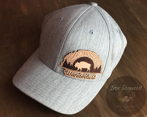 Wanderlust - Engraved Leather Hat Badge & Snapback - Buffalo, Wilderness, Great Outdoors, Nature Lover