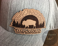 Wanderlust - Engraved Leather Hat Badge & Snapback - Buffalo, Wilderness, Great Outdoors, Nature Lover